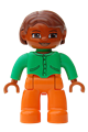Female Duplo Figure LEGO Ville with orange legs, a bright green top with buttons and pockets, reddish brown hair, and brown eyes - 47394pb075