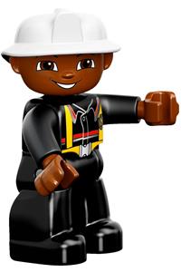 Duplo Figure Lego Ville, Male Fireman, Black Legs, Brown Hands, White Helmet, Brown Face 47394pb076