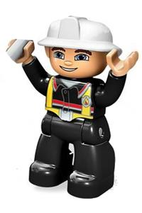 Duplo Male Firefighter - Lego Ville Duplo figure: male fireman with black legs, nougat hands, silver helmet, and blue eyes - 47394pb077