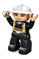 Lego Ville Duplo figure: male fireman with black legs, nougat hands, silver helmet, and blue eyes - 47394pb077