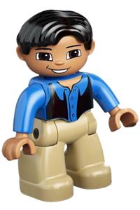 Duplo Male - Male Duplo Figure from Lego Ville with tan legs, blue top, black vest, and black hair - 47394pb078