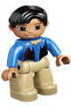 Duplo Figure Lego Ville, Male, Tan Legs, Blue Top, Black Vest, Black Hair - 47394pb078
