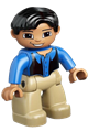 Male Duplo Figure from Lego Ville with tan legs, blue top, black vest, and black hair - 47394pb078