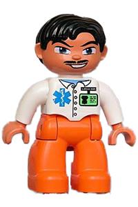 Duplo Figure Lego Ville, Male Medic, Orange Legs, White Top with ID Badge and EMT Star of Life Pattern, Black Hair, Blue Eyes, Moustache 47394pb080