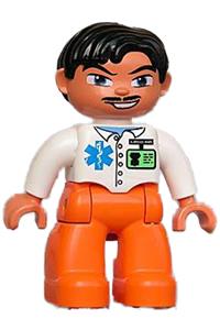 Duplo Male Medic - Male Duplo figure in Lego Ville attire: orange legs, white top with ID badge, black hair, blue eyes, and a moustache - 47394pb080