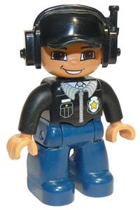 Duplo Male Police - Duplo figure police officer with black cap and headset, light nougat head and hands, black shirt with badge, and dark blue legs - 47394pb081