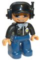 Duplo Figure Lego Ville, Male Police, Black Cap with Headset, Light Nougat Head and Hands, Black Shirt with Badge, Dark Blue Legs - 47394pb081