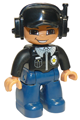 Duplo figure police officer with black cap and headset, light nougat head and hands, black shirt with badge, and dark blue legs - 47394pb081