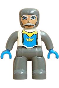 Duplo Male Castle - Castle-themed male Duplo figure with dark bluish gray legs, white chest, dark bluish gray arms, and blue hands - 47394pb083