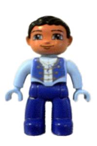 Duplo Male - Male Duplo figure from Lego Ville with blue legs, wearing a light blue top with straps and key - 47394pb085