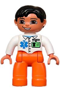 Duplo Male Medic - Lego Ville male medic with black hair and brown eyes, orange legs, white top with ID badge and EMT pattern - 47394pb086