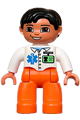 Lego Ville male medic with black hair and brown eyes, orange legs, white top with ID badge and EMT pattern - 47394pb086