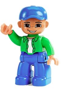 Duplo Figure Lego Ville, Male, Blue Legs, Bright Green Top with White Undershirt, Blue Cap 47394pb087