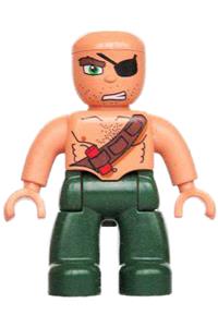 Duplo Figure Lego Ville, Male Pirate, Dark Green Legs, Nougat Top with Strap and Dynamite, Bald Head, Eyepatch 47394pb088