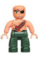 Male pirate Duplo figure with dark green legs, a nougat top with strap and dynamite, bald head, and eyepatch - 47394pb088