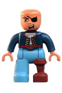 Duplo Figure Lego Ville, Male Pirate, Medium Blue Legs, Dark Blue Top with Buttons, Bald Head, Eyepatch, Peg Leg 47394pb089