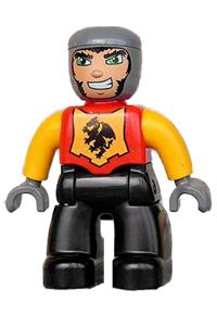 Duplo Male Castle Knight - A male Duplo figure from Lego Ville with black legs, red chest, bright light orange arms, dark bluish gray hands, and a wide grin - 47394pb092