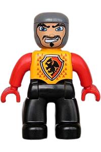 Duplo Male Castle - Lego Ville Duplo figure, male with castle imprint on bright light orange chest, black legs, red arms, red hands, and a wide crooked grin - 47394pb093