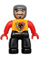 Lego Ville Duplo figure, male with castle imprint on bright light orange chest, black legs, red arms, red hands, and a wide crooked grin - 47394pb093