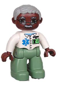 Duplo Figure Lego Ville, Male Medic, Sand Green Legs, White Top with Badge, Light Bluish Gray Hair, Brown Head, Glasses, Moustache 47394pb094