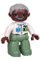 Duplo Figure Lego Ville, Male Medic, Sand Green Legs, White Top with Badge, Light Bluish Gray Hair, Brown Head, Glasses, Moustache - 47394pb094