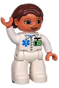 Duplo Figure Lego Ville, Female, Medic, White Legs, White Top with ID Badge and EMT Star of Life Pattern, Reddish Brown Hair, Brown Eyes 47394pb095