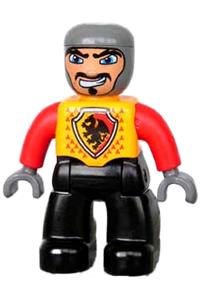 Duplo Male Castle Knight - Duplo figure in Lego Ville with a bright light orange chest, red arms, and a wide crooked grin - 47394pb099