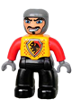 Duplo Figure Lego Ville, Male Castle, Black Legs, Bright Light Orange Chest, Red Arms, Dark Bluish Gray Hands, Wide Crooked Grin - 47394pb099