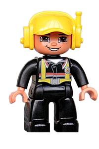 Duplo Figure Lego Ville, Male Fireman, Black Legs, Nougat Hands, Yellow Cap with Headset 47394pb100