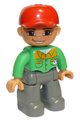 Duplo Figure Lego Ville, Male, Dark Bluish Gray Legs, Bright Green Button Down Shirt, Red Cap, Brown Eyes, Open Mouth Smile - 47394pb101