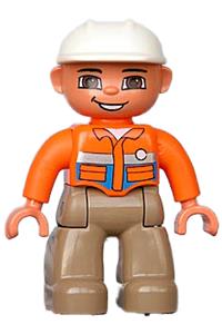 Duplo Figure Lego Ville, Male, Dark Tan Legs, Orange Shirt, Brown Eyes, White Construction Helmet 47394pb102