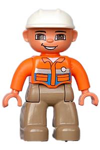 Duplo Construction Worker - Male Duplo Figure from Lego Ville with dark tan legs, orange shirt, brown eyes, and white construction helmet - 47394pb102