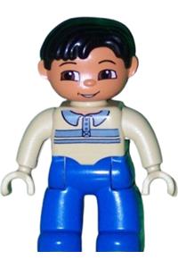 Duplo Male - Male Duplo figure with blue legs, wearing a tan pullover with buttons and stripes, black hair, brown eyes, and tan hands - 47394pb103
