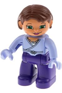 Duplo Female - Lego Ville Duplo figure: Female with reddish brown hair, dark purple legs, medium violet wrap top, and medium violet hands with a necklace - 47394pb104