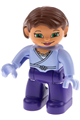 Lego Ville Duplo figure: Female with reddish brown hair, dark purple legs, medium violet wrap top, and medium violet hands with a necklace - 47394pb104
