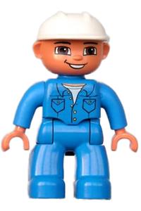 Duplo Figure Lego Ville, Male, Blue Legs, Blue Top with Pockets, White Hat, Brown Eyes and Open Mouth Smile 47394pb105