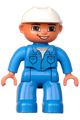 Duplo Figure Lego Ville, Male, Blue Legs, Blue Top with Pockets, White Hat, Brown Eyes and Open Mouth Smile - 47394pb105
