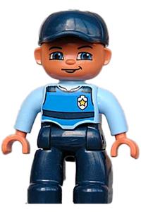 Duplo Male - Male Duplo Figure from Lego Ville with dark blue legs, light blue top featuring a life jacket and badge, and a dark blue cap - 47394pb106