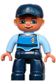 Male Duplo Figure from Lego Ville with dark blue legs, light blue top featuring a life jacket and badge, and a dark blue cap - 47394pb106