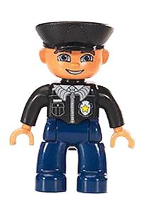 Duplo Male Police - A male police Duplo figure from Lego Ville with dark blue legs, black top with badge, black arms, black hat, and blue eyes - 47394pb107