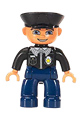 Duplo Figure Lego Ville, Male Police, Dark Blue Legs, Black Top with Badge, Black Arms, Black Hat, Blue Eyes - 47394pb107