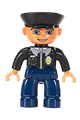 A male police Duplo figure from Lego Ville with dark blue legs, black top with badge, black arms, black hat, and blue eyes - 47394pb107