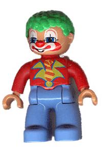 Duplo Male Clown - Lego Ville Duplo figure of a male clown with green hair, wearing red top and medium blue legs - 47394pb108