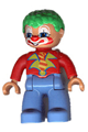 Lego Ville Duplo figure of a male clown with green hair, wearing red top and medium blue legs - 47394pb108