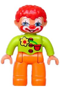 Duplo Male Clown - Lego Ville Duplo figure, male clown with orange legs, lime top with three buttons and flower, red hair, blue eyes - 47394pb109