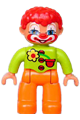 Duplo Figure Lego Ville, Male Clown, Orange Legs, Lime Top with Three Buttons and Flower, Red Hair, Blue Eyes - 47394pb109