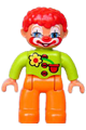 Lego Ville Duplo figure, male clown with orange legs, lime top with three buttons and flower, red hair, blue eyes - 47394pb109