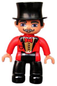 Duplo Figure Lego Ville, Male Circus Ringmaster, Black Legs, Red Top with Bow Tie, Top Hat, Blue Eyes 47394pb110