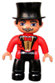 Duplo Figure Lego Ville, Male Circus Ringmaster, Black Legs, Red Top with Bow Tie, Top Hat, Blue Eyes - 47394pb110