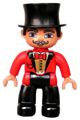 Male circus ringmaster Duplo figure in a red top with bow tie, black legs, wearing a top hat and blue eyes - 47394pb110